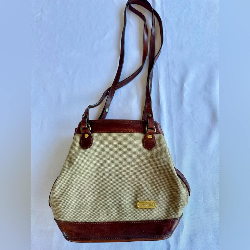 Brahmin Vintage Harbor Collection Canvas and Leather Shoulder Purse Suede Inter